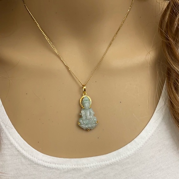 14K Solid Gold Kwan Yin Guanyin Female Buddha Natural Jadeite Jade Pendant - Picture 2 of 8